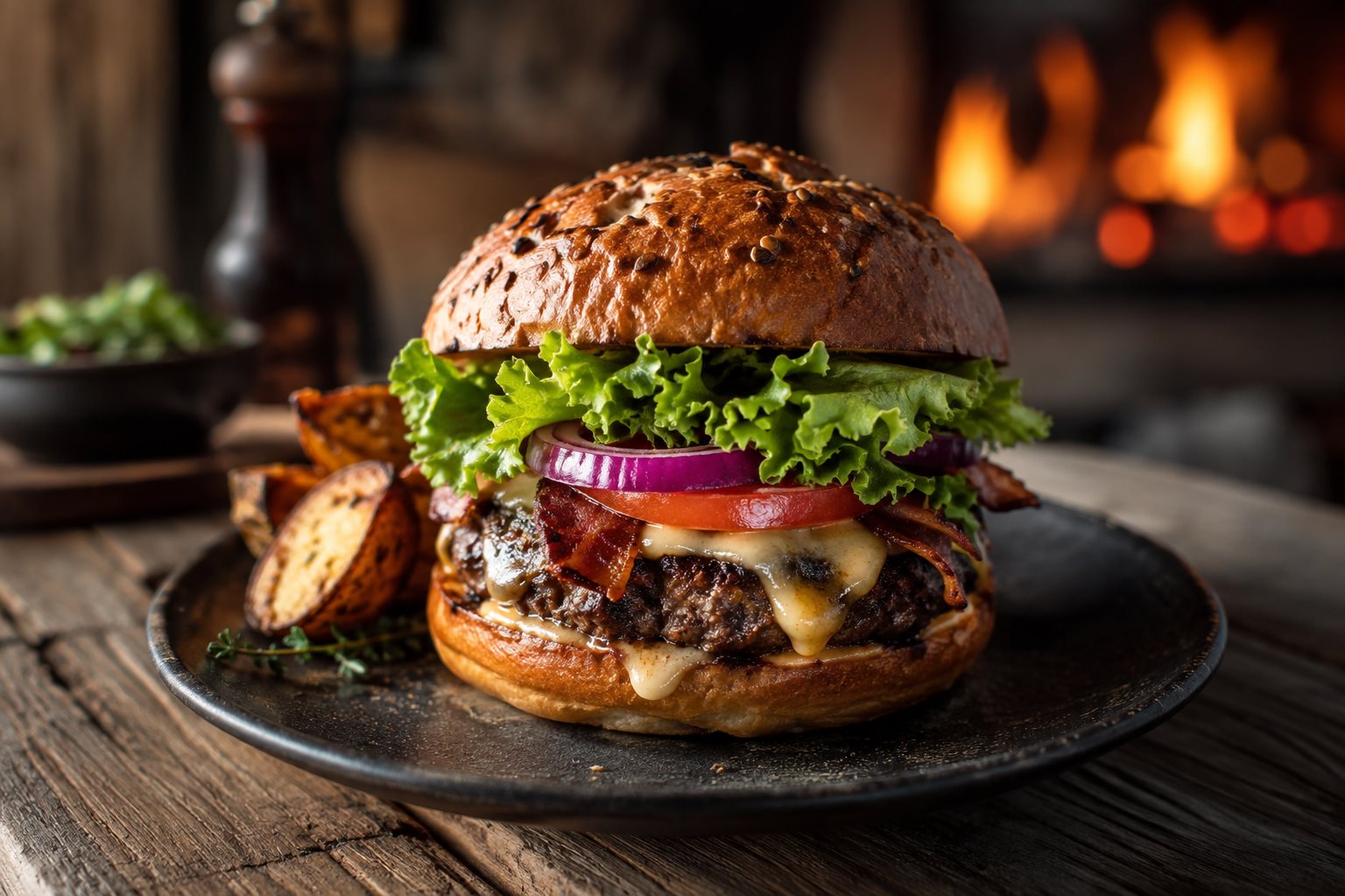 Hamburguesa artesanal en un plato oscuro